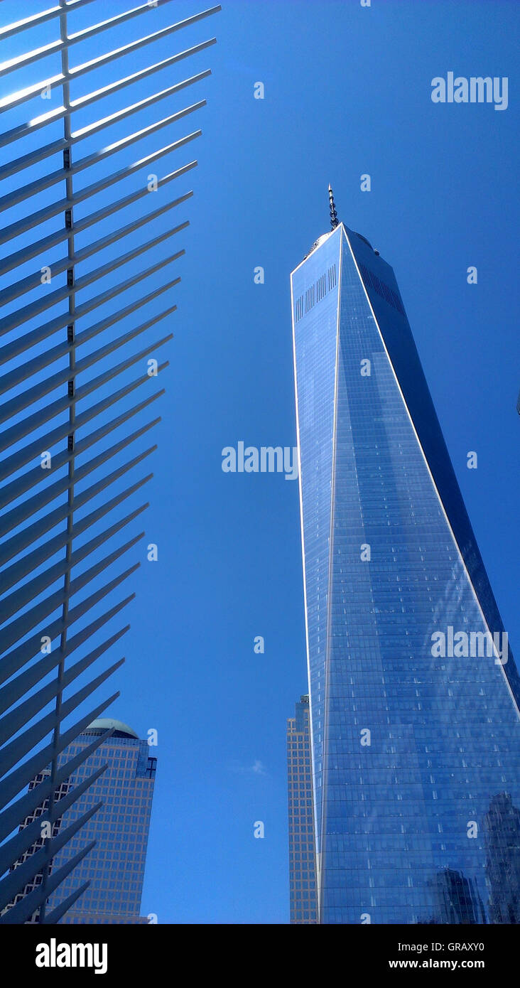 World Trade Center Tower L'un à côté de l'Oculus du moyeu de transport. Banque D'Images