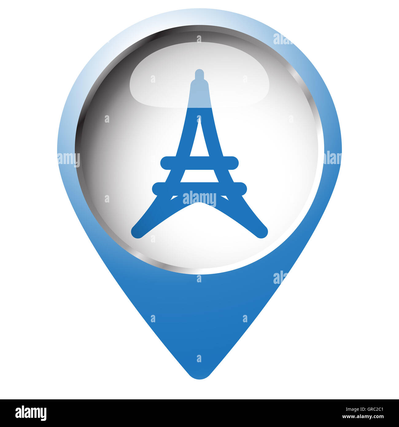 Broche carte symbole avec l'icône de la Tour Eiffel. Symbole bleu sur fond blanc. Banque D'Images