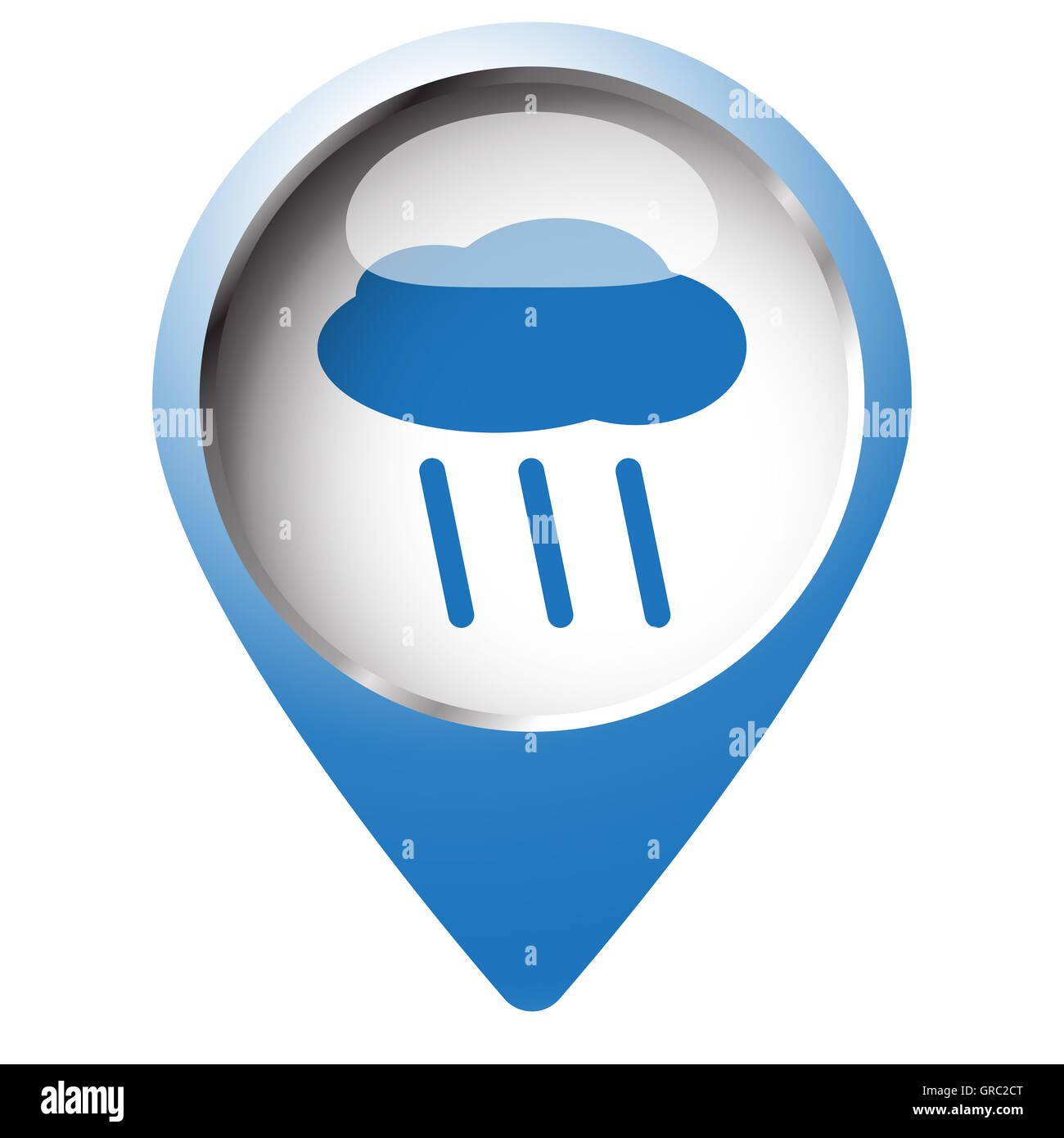 Broche carte symbole avec l'icône de pluie. Symbole bleu sur fond blanc. Banque D'Images