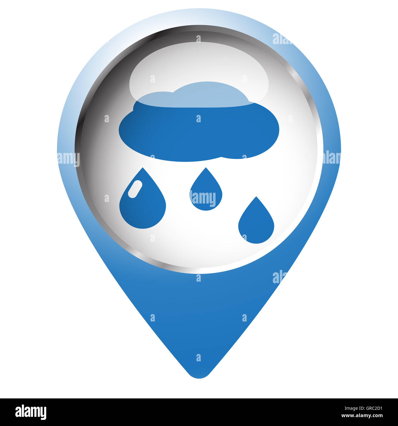 Broche carte symbole avec l'icône de pluie. Symbole bleu sur fond blanc. Banque D'Images