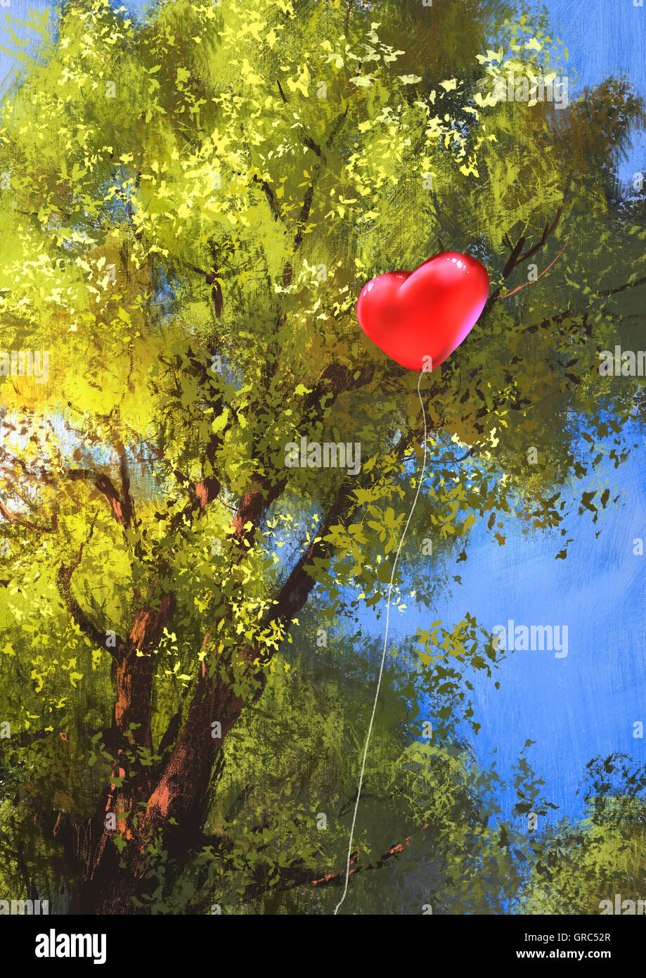 Love Heart balloon coincé dans une des branches d'arbre,illustration peinture Banque D'Images