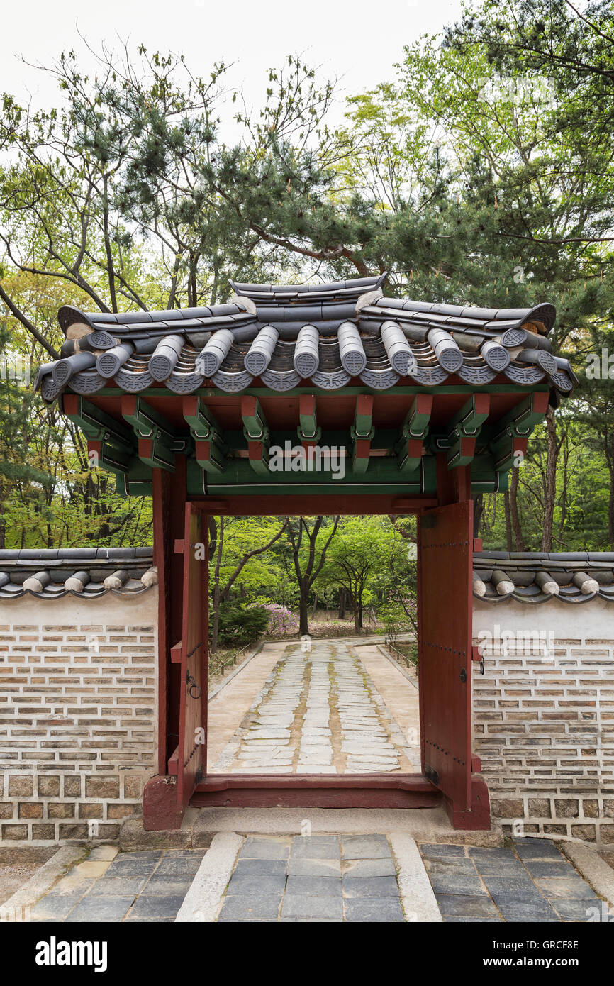 Mur et ouvrir la porte au Sanctuaire de Jongmyo, à Séoul, Corée du Sud, du point de vue de l'avant. Banque D'Images Mur et ouvrir la porte au Sanctuaire de Jongmyo, à Séoul, Corée du Sud, du point de vue de l'avant. Banque D'Images