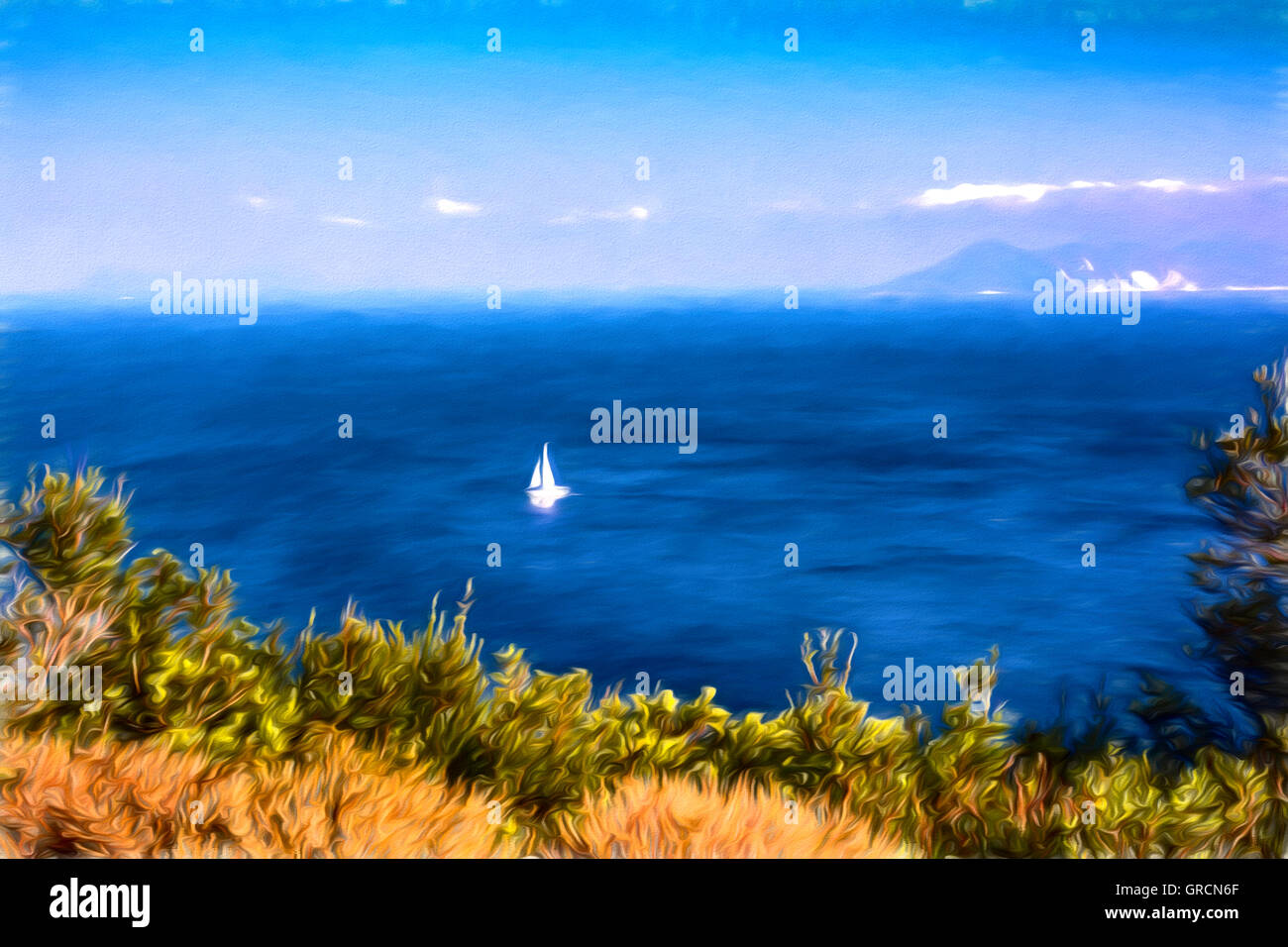 Voilier blanc dans la mer avec du soleil et du ciel. Saison d'été nature fond - effet peinture Banque D'Images