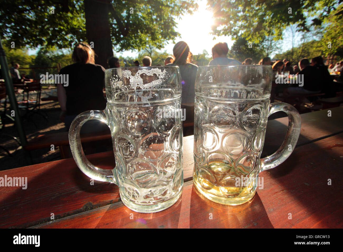 Verres de bière vides dans le soleil de l'après-midi à la Munich Beergarden Hirschgarten Banque D'Images