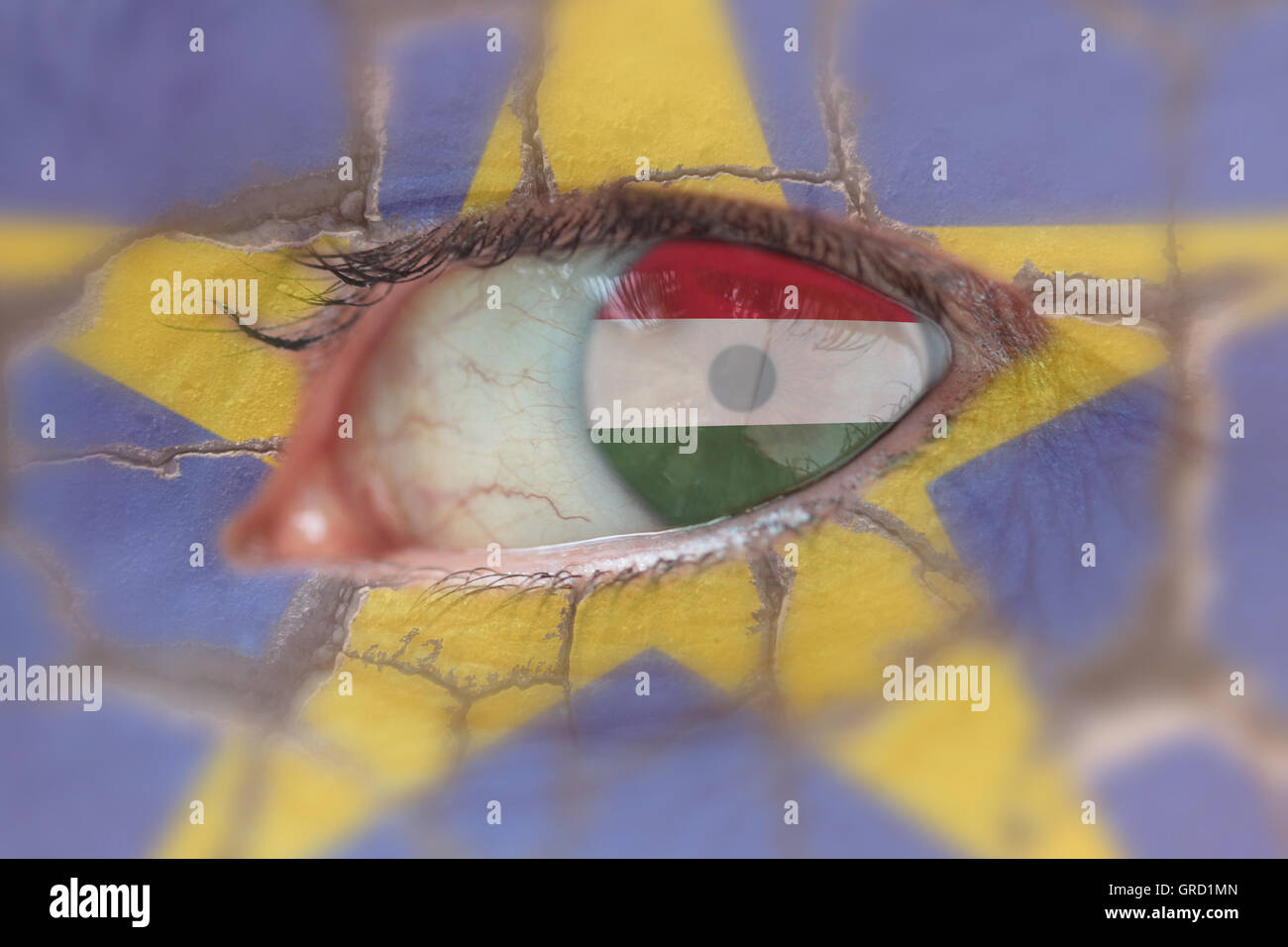Femme S Eye avec drapeau hongrois, ainsi que la diminution de la star de l'UE Banque D'Images