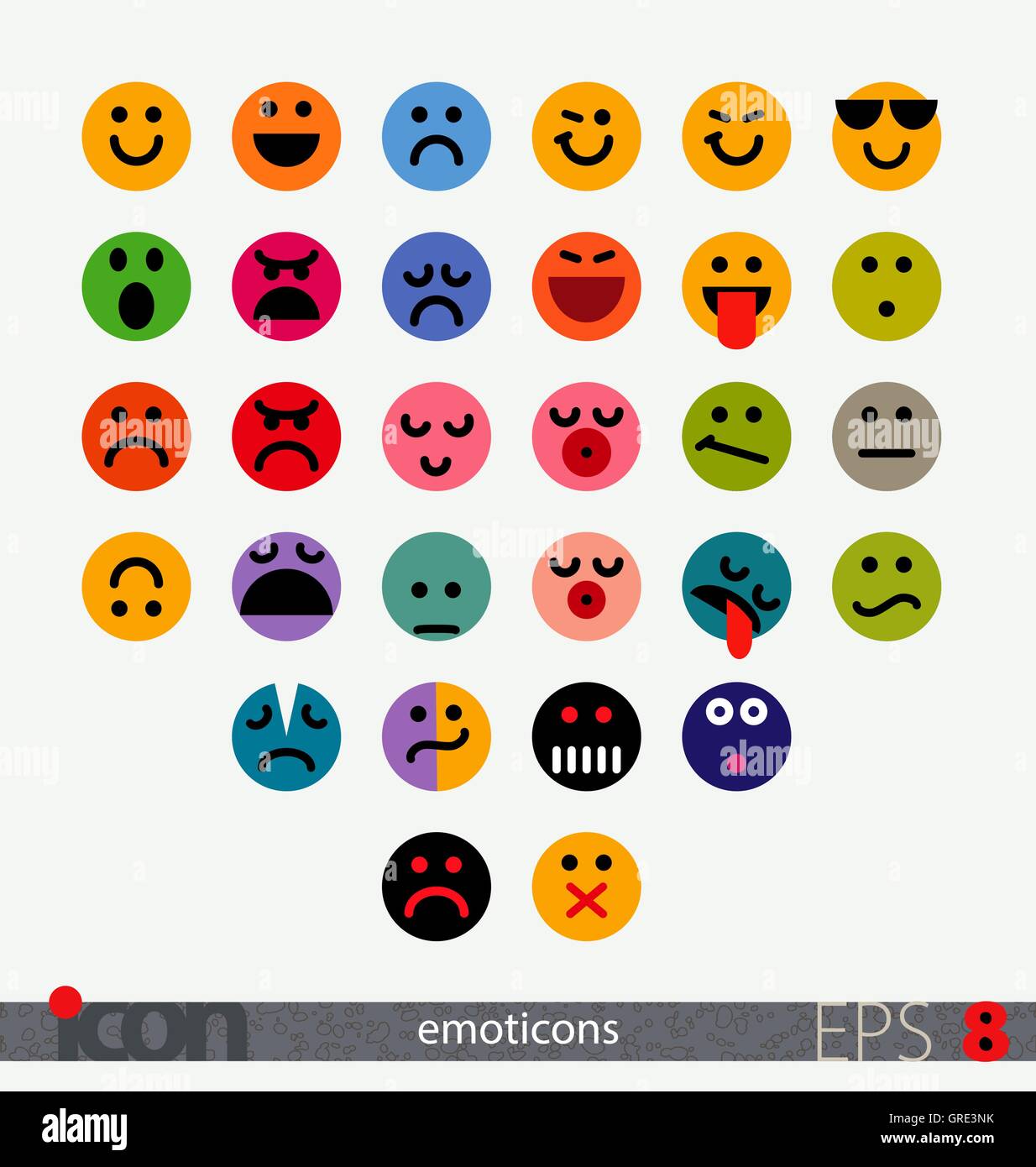 Ensemble d'émoticônes géométrique entièrement (sourire, emoji, smiley). Expression des émotions par les couleurs. Vector icons sur fond isolé. Illustration de Vecteur