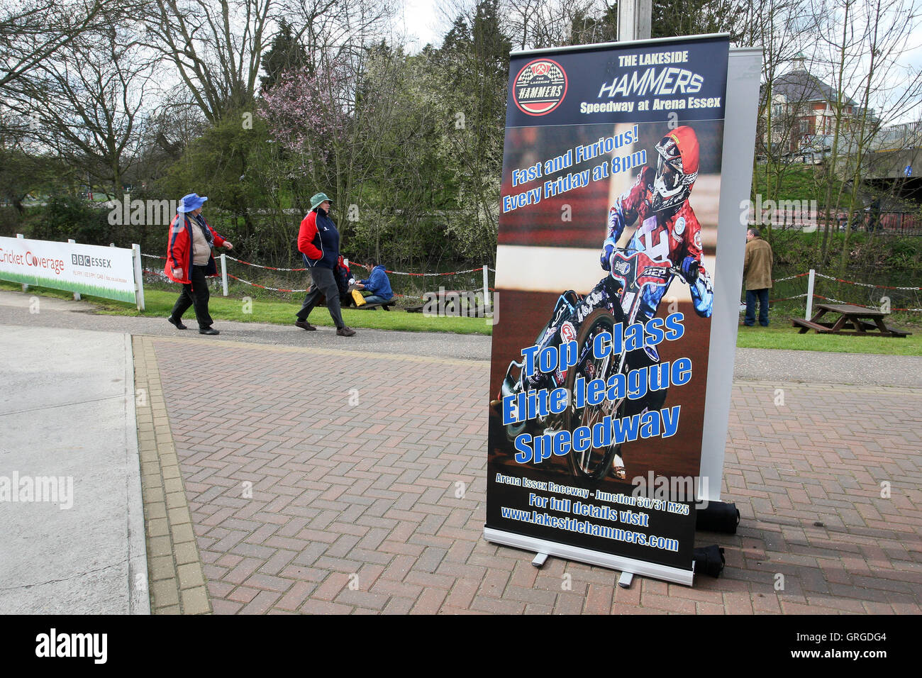 Publicité signalisation Lakeside Hammers speedway Ligue élite réunions est visible pendant l'Essex vs CCC CCC New Hamsphire match - LV Cou Banque D'Images