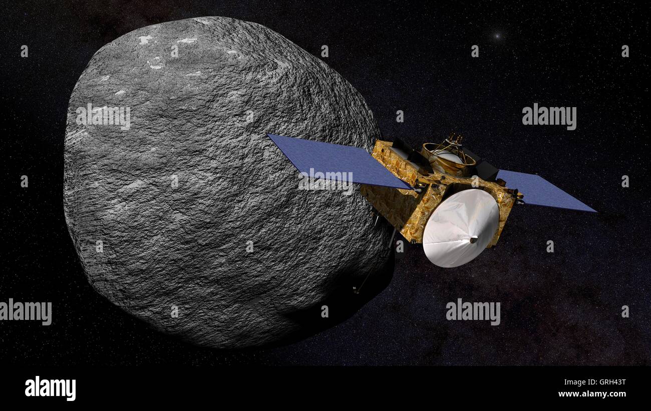 Une illustration de la NASA OSIRIS-REx vaisseau spatial en orbite autour de l'astéroïde Bennou. La sonde sera lancée à bord d'une fusée Atlas Alliance Lancement le 8 septembre 2016 par le Centre Spatial Kennedy et les plans d'orbite et d'extraire des échantillons de l'astéroïde Bennou et le retourner à la terre pour l'étude. © Planetpix/Alamy Live News Banque D'Images