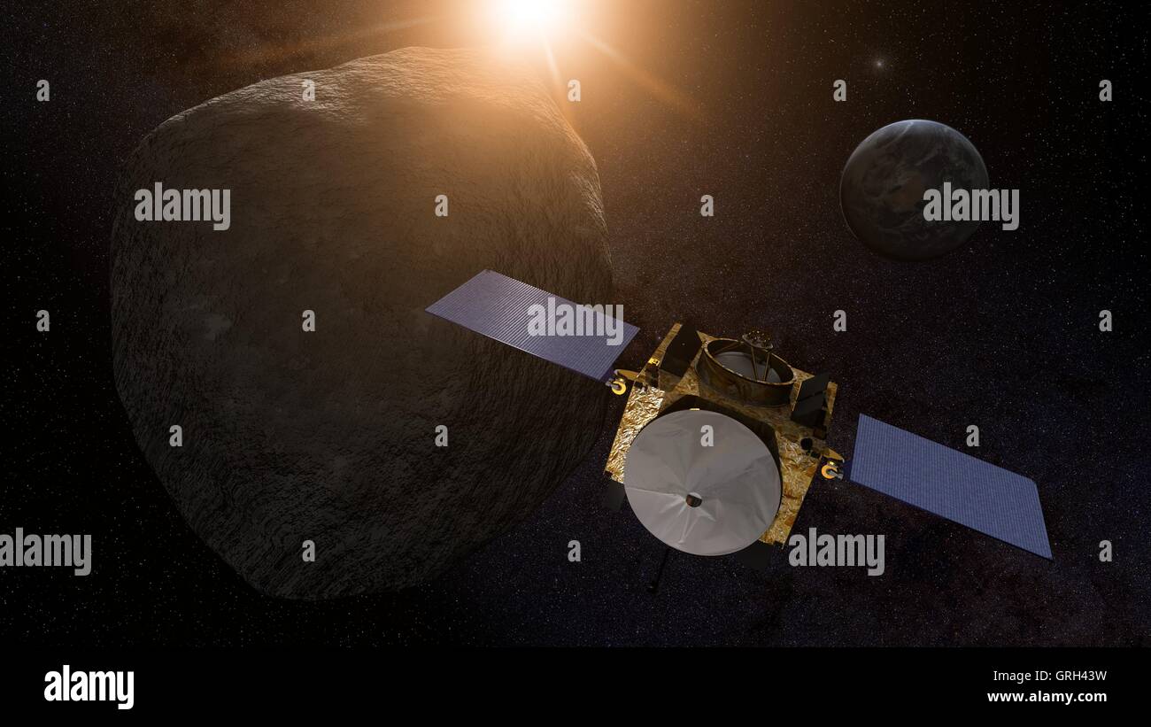 Une illustration de la NASA OSIRIS-REx vaisseau spatial en orbite autour de l'astéroïde Bennou. La sonde sera lancée à bord d'une fusée Atlas Alliance Lancement le 8 septembre 2016 par le Centre Spatial Kennedy et les plans d'orbite et d'extraire des échantillons de l'astéroïde Bennou et le retourner à la terre pour l'étude. © Planetpix/Alamy Live News Banque D'Images