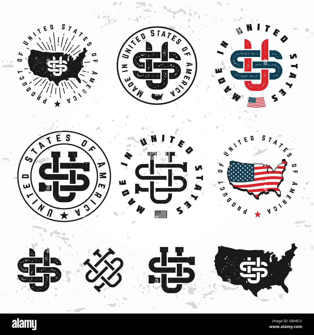 Made in USA monogram vector set. L'Amérique Vintage logo design. Retro  United States joint. US label illustration sur grunge background. Hipster  t-shirt graphique Image Vectorielle Stock - Alamy