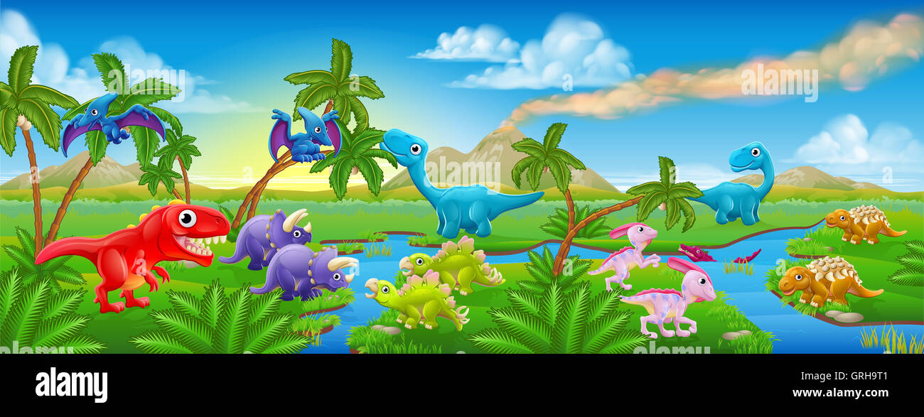 Un dessin animé paysage scène Jurassique avec beaucoup de personnages mignons dinosaures amical Banque D'Images