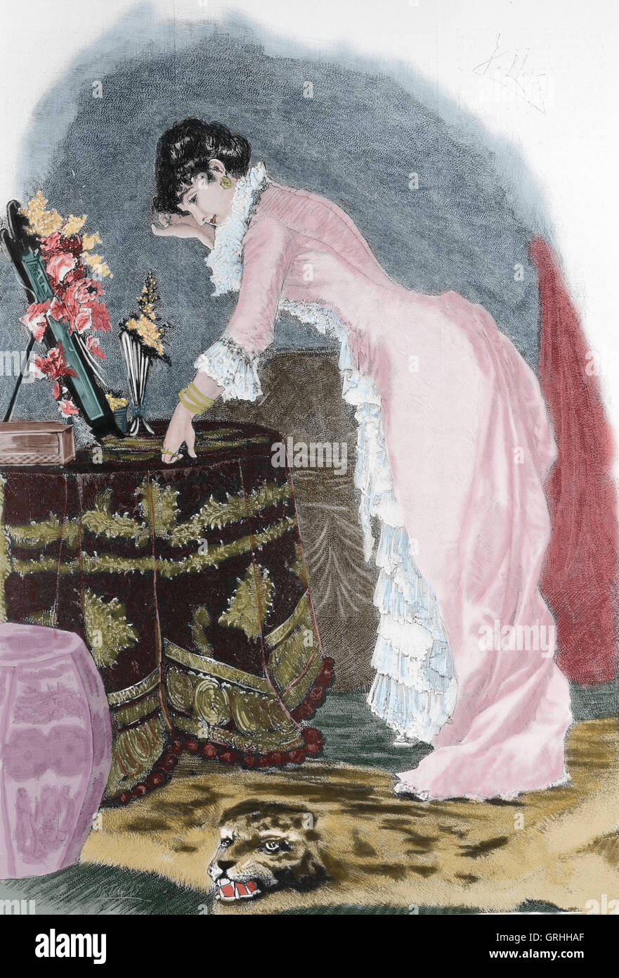 Femme bourgeoise. Gravure par Artigas. La Ilustracion Artistica, 1885, de l'Espagne.1885. Banque D'Images