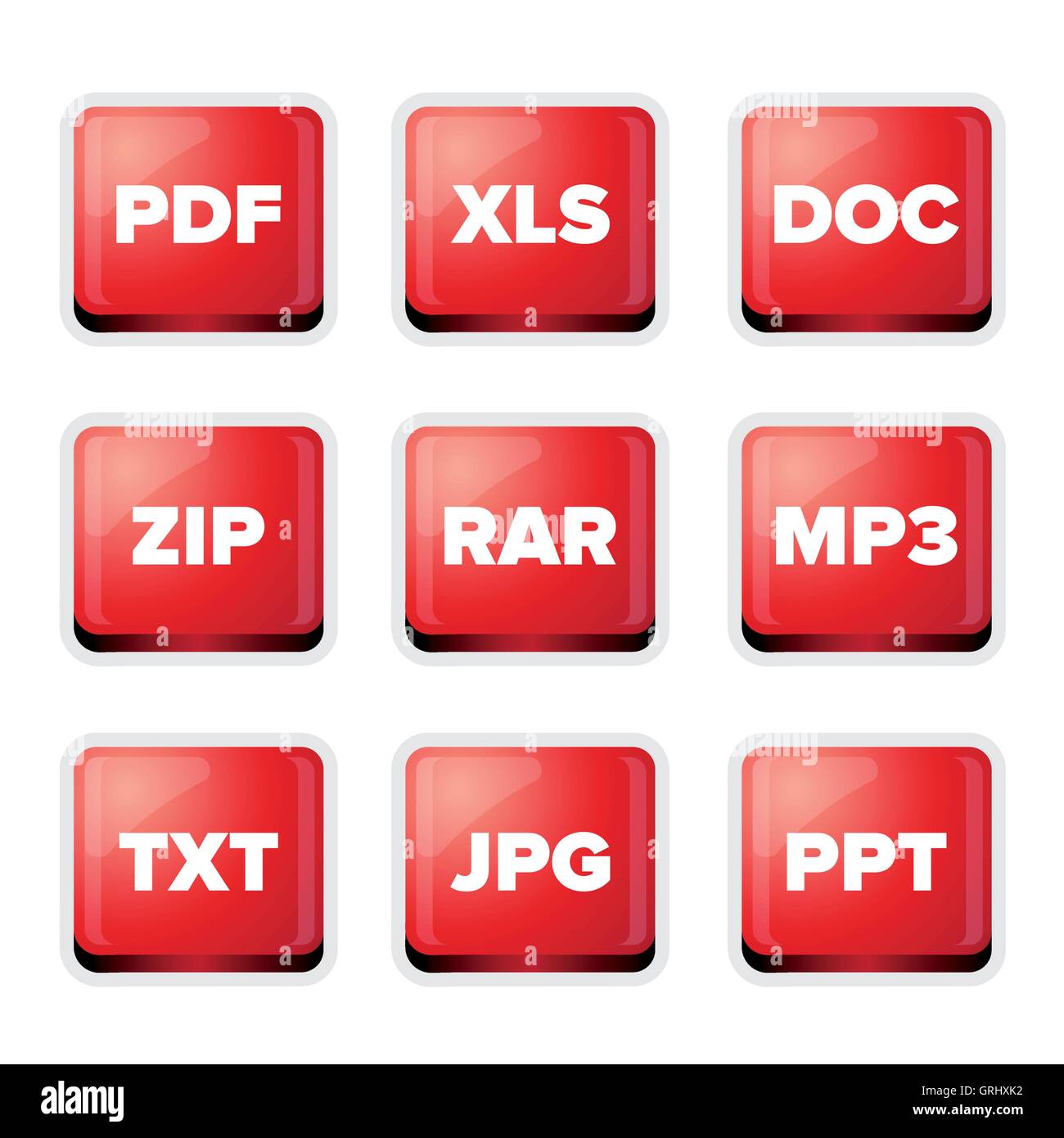 Les extensions de fichier icons set : pdf, xls, doc, zip, rar, mp3, txt, jp  Image Vectorielle Stock - Alamy