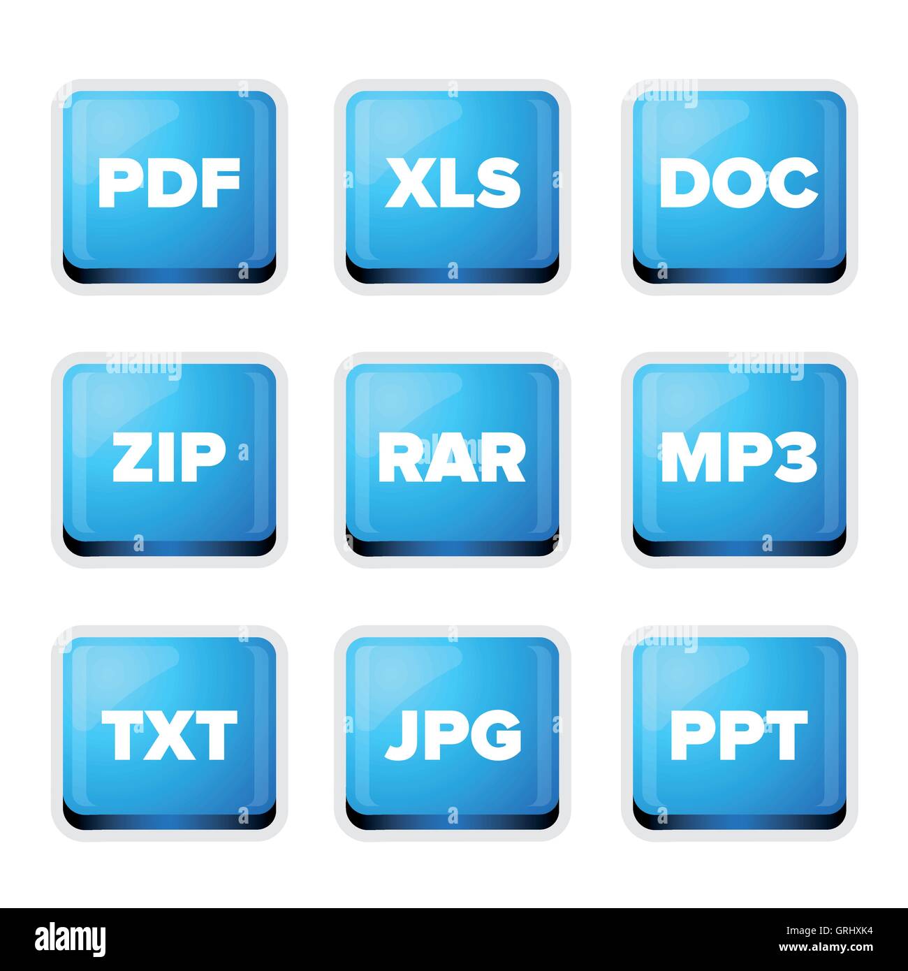 Les extensions de fichier icons set : pdf, xls, doc, zip, rar, mp3, txt, jp Illustration de Vecteur