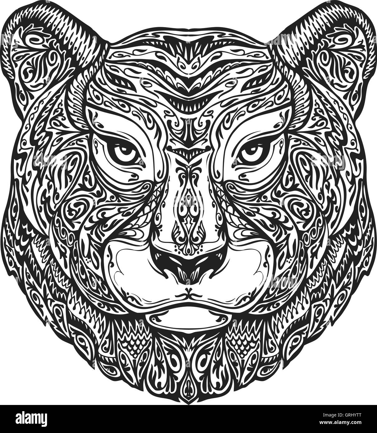 Ornementés ethniques tigre, puma, panthère, léopard ou jaguar. Hand drawn vector illustration avec éléments floraux Illustration de Vecteur