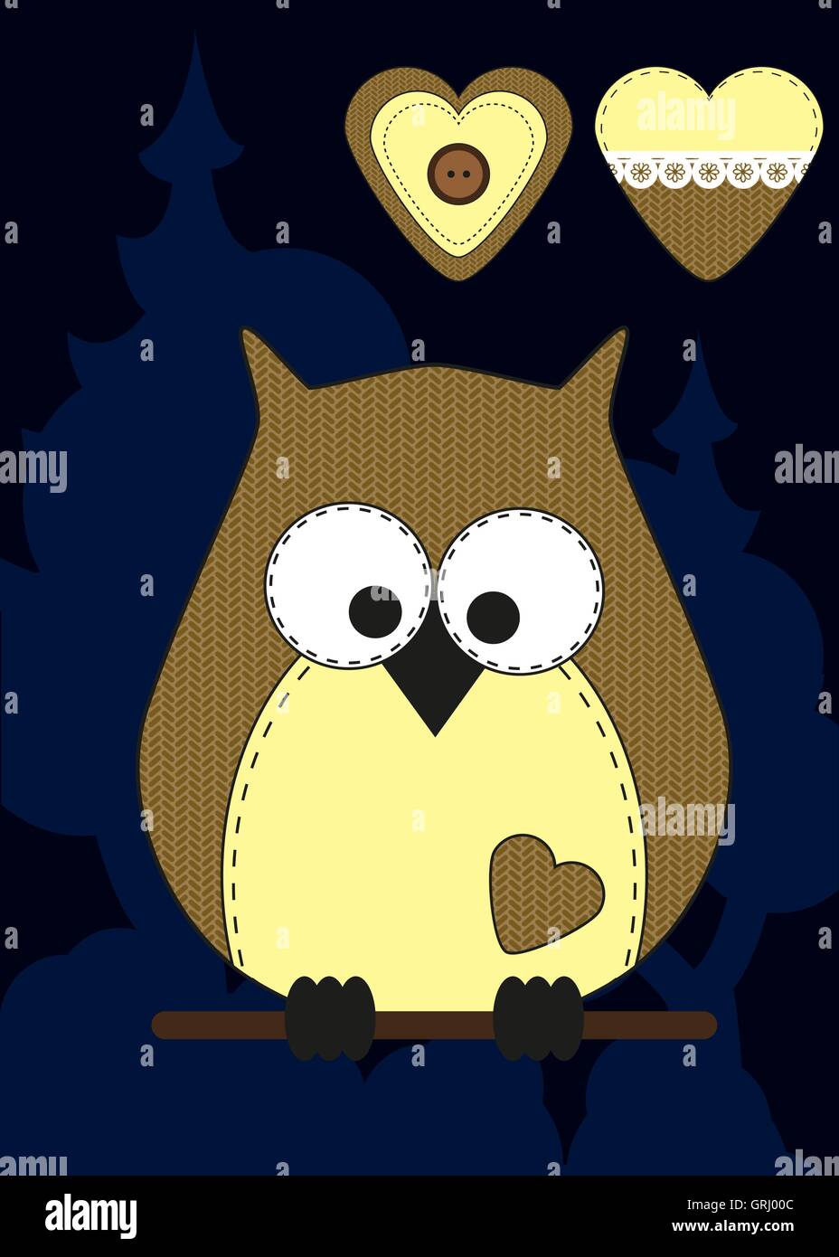 Cute cartoon owl en version plate pour carte de voeux, invitation et le logo avec un tissu de texture. Vector Illustration de Vecteur