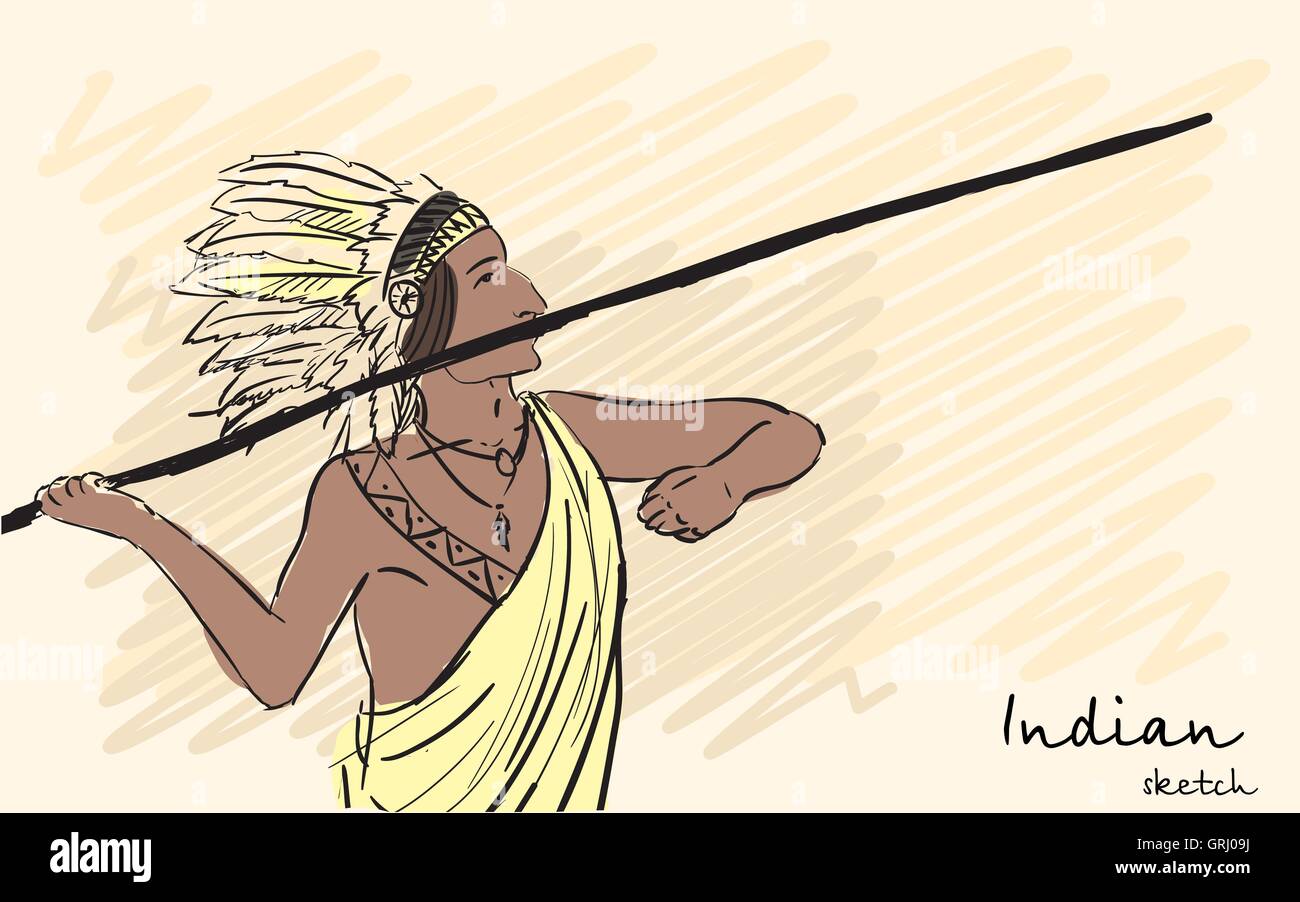 Guerrier indien Apache lancer une lance. Identité d'esquisse. Vector Illustration de Vecteur