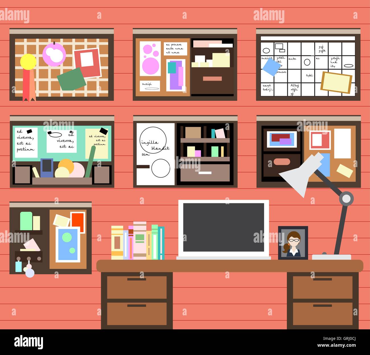 Lieu de travail de l'homme avec l'ordinateur, lampe, livres et de nombreux détails. Vector Illustration de Vecteur