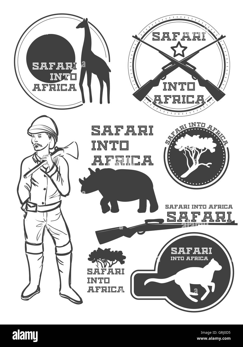 Safari en Afrique. Girafe, rhinocéros, guépards et hunter avec arme. Vintage style. Il peut être utilisé comme logo. Vector Illustration de Vecteur Safari en Afrique. Girafe, rhinocéros, guépards et hunter avec arme. Vintage style. Il peut être utilisé comme logo. Vector Illustration de Vecteur