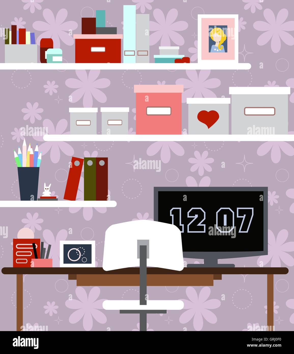 Lieu de travail de fille avec le bureau, chaise, livres, montres et autres articles. Vector Illustration de Vecteur