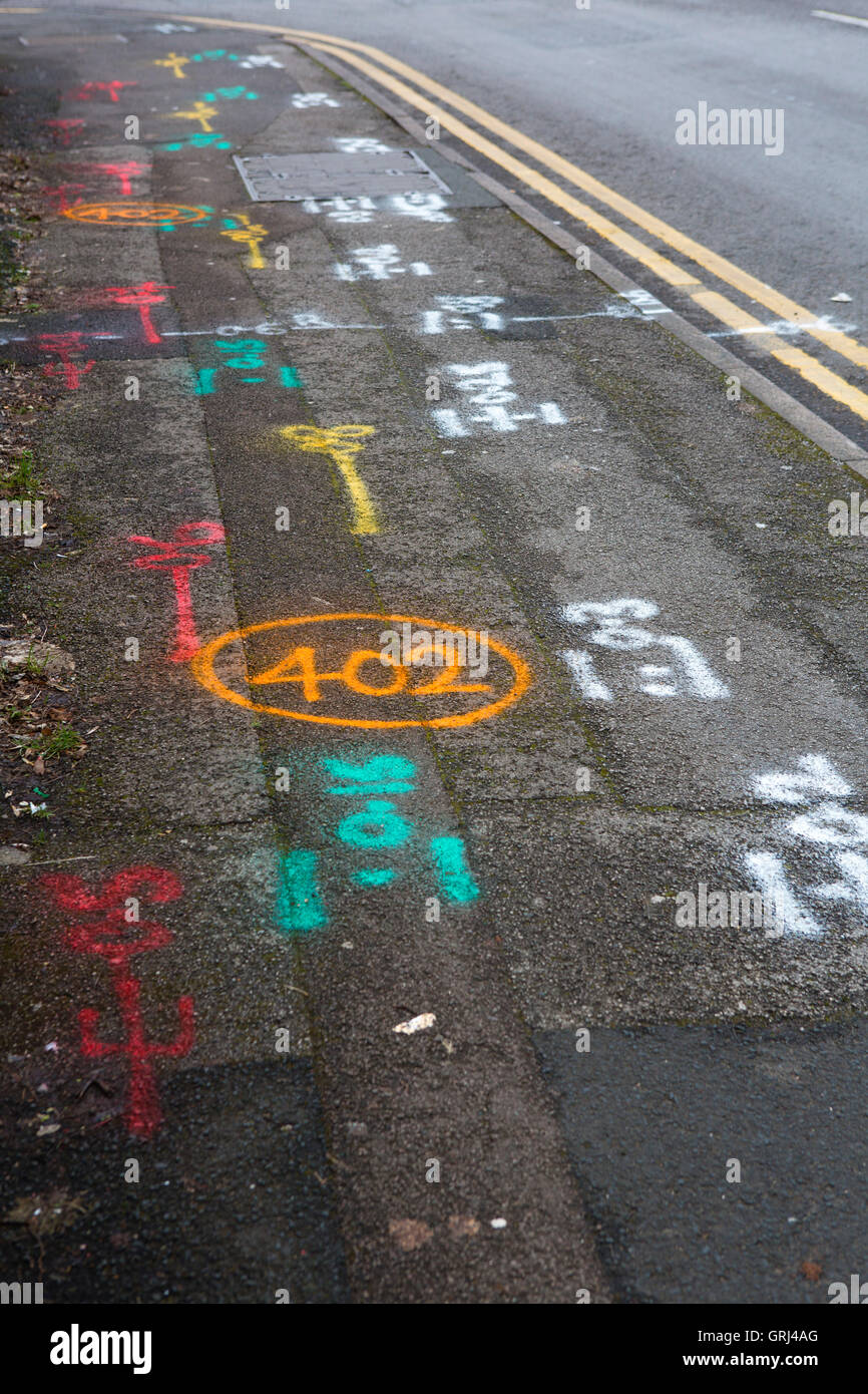 Asphalt pavement peint avec de la peinture aérosol marqueurs de mesure. Banque D'Images