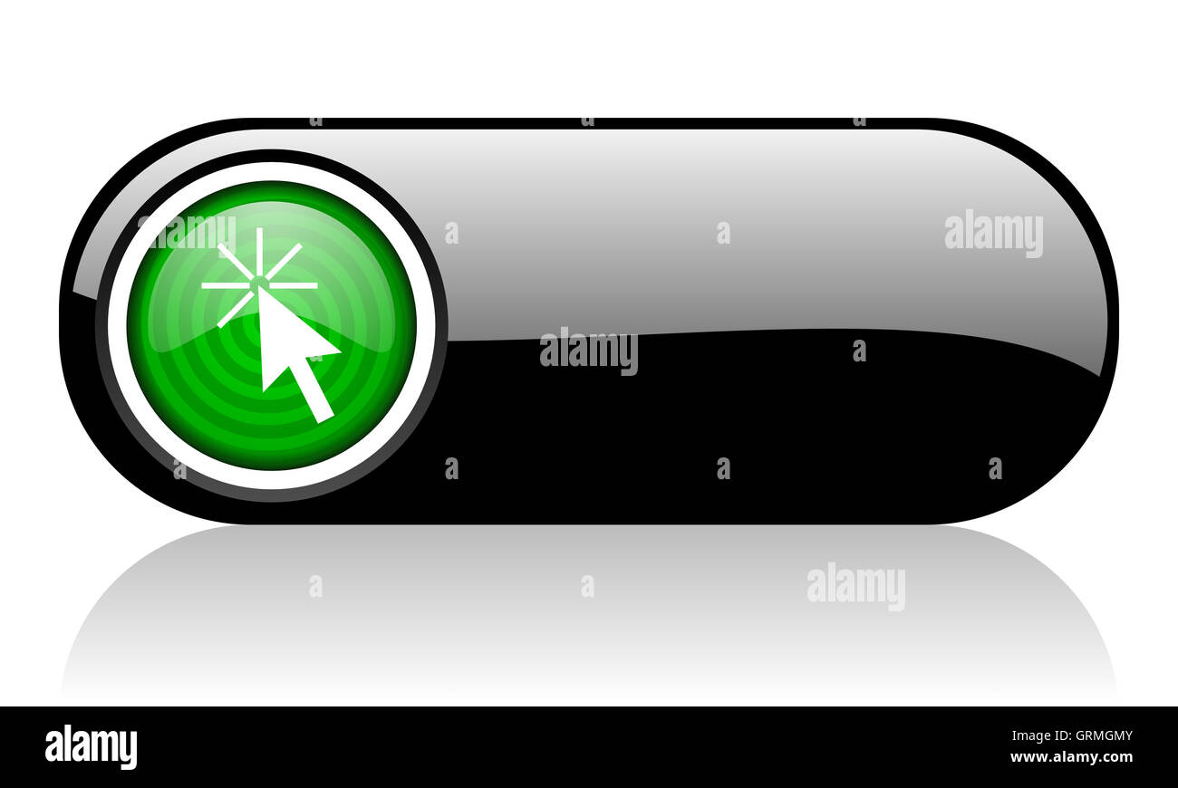 Cliquez ici l'icône web noir et vert sur fond blanc Banque D'Images