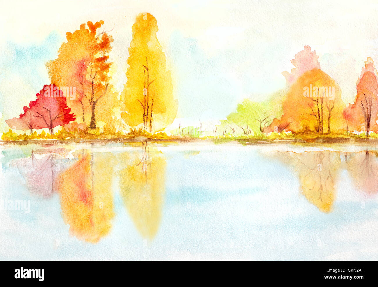 Les arbres d'automne avec reflet dans un lac. abstract illustration paysage aquarelle Banque D'Images