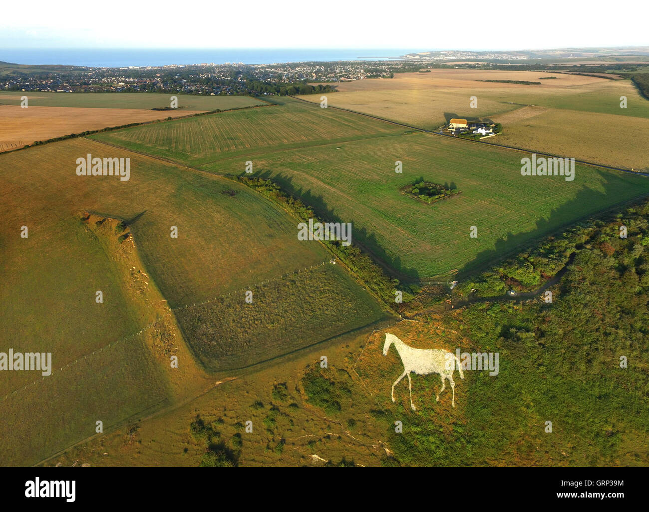 L'image aérienne d'un cheval de craie blanche coupé en le côté en haut et plus, Jalhay, Sussex, dans le parc national des South Downs Banque D'Images