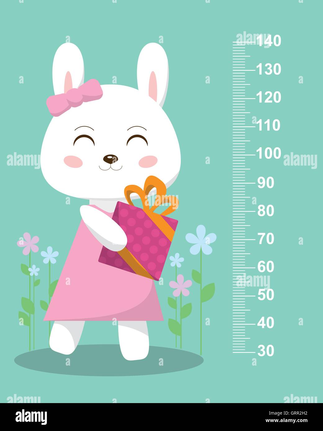 Cute bunny avec un cadeau sur fond de fleurs. Stadiomètre. Vector Illustration de Vecteur