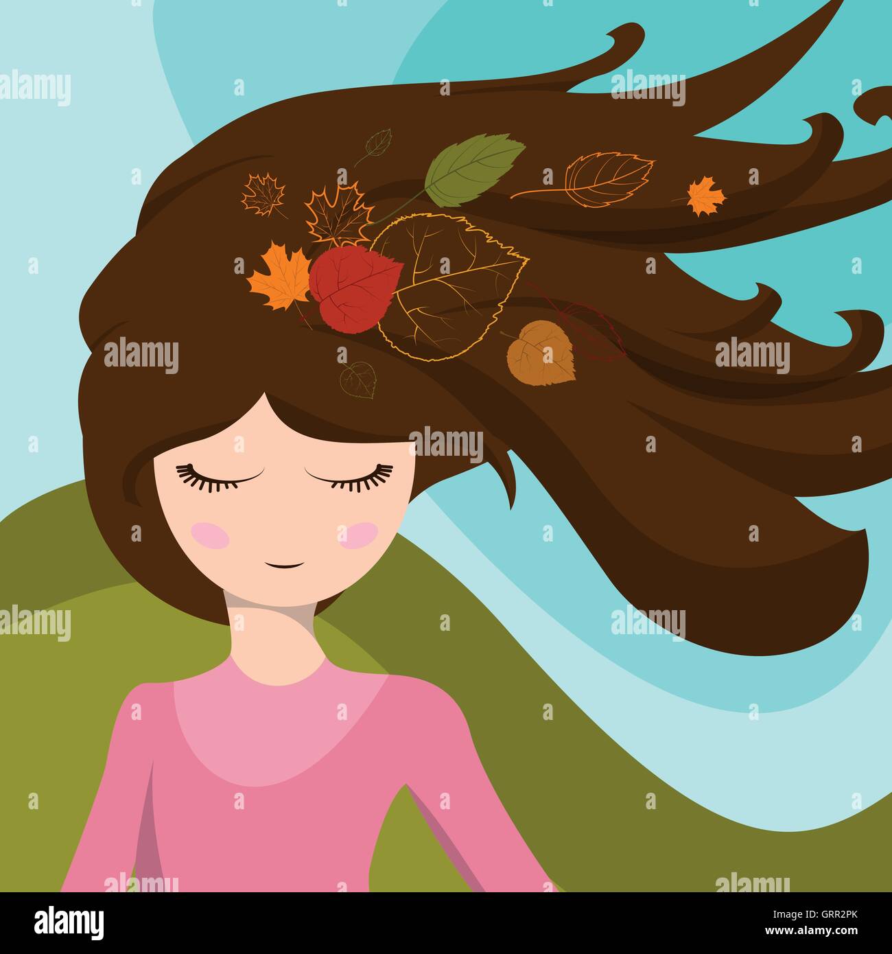 Jolie fille avec des feuilles dans les cheveux, qui sont développés dans le vent. Vector Illustration de Vecteur