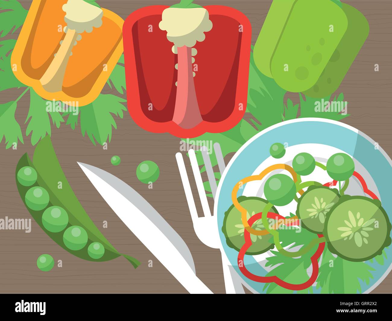 Still Life with peppers, fourchette, couteau et tranches de légumes sur la table. Vector Illustration de Vecteur