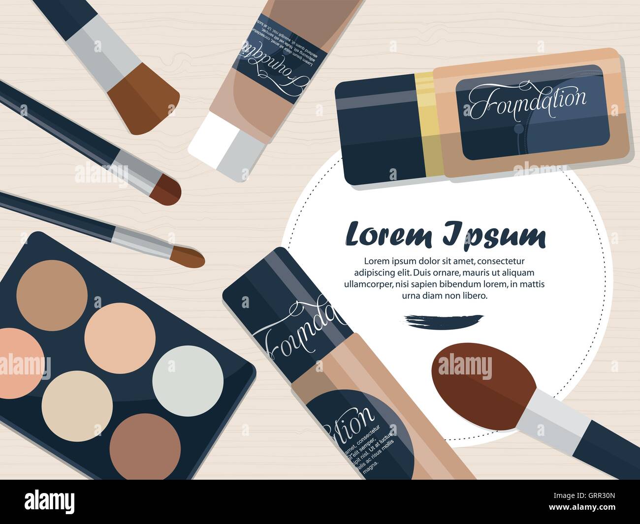 Ensemble de fondation, poudre et les pinceaux sur une table avec l'espace pour votre publicité. Vector Illustration de Vecteur
