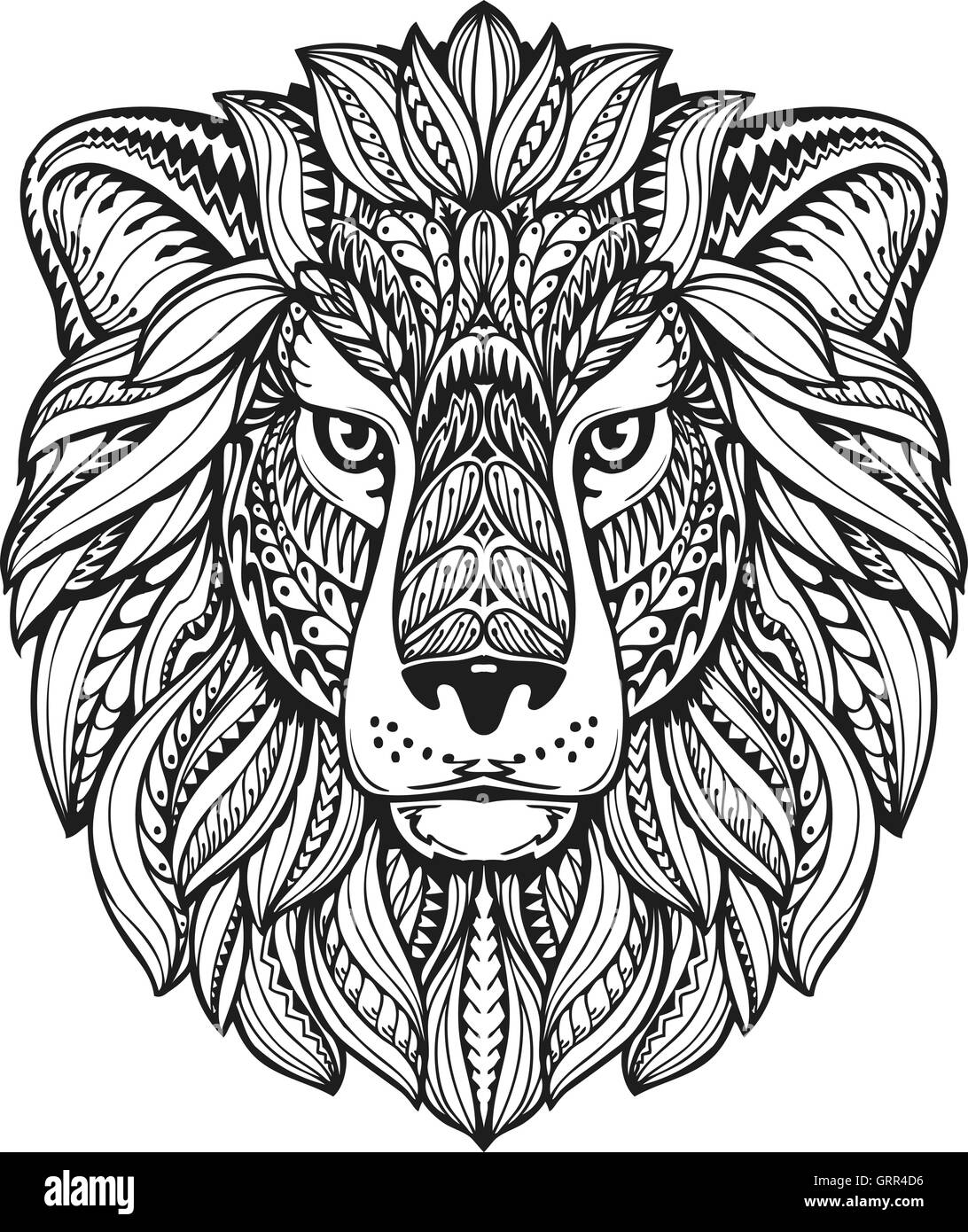 Lion style graphique ethnique avec des herbes médicinales et des ornements de crinière. Vector illustration Illustration de Vecteur