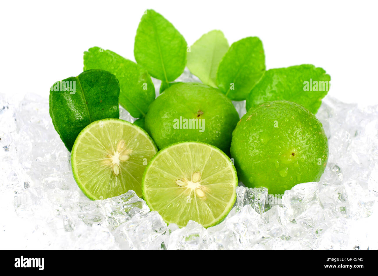 Cut lime (Citrus aurantifolia (Christm.) Swingle) et de glace sur fond blanc. Banque D'Images