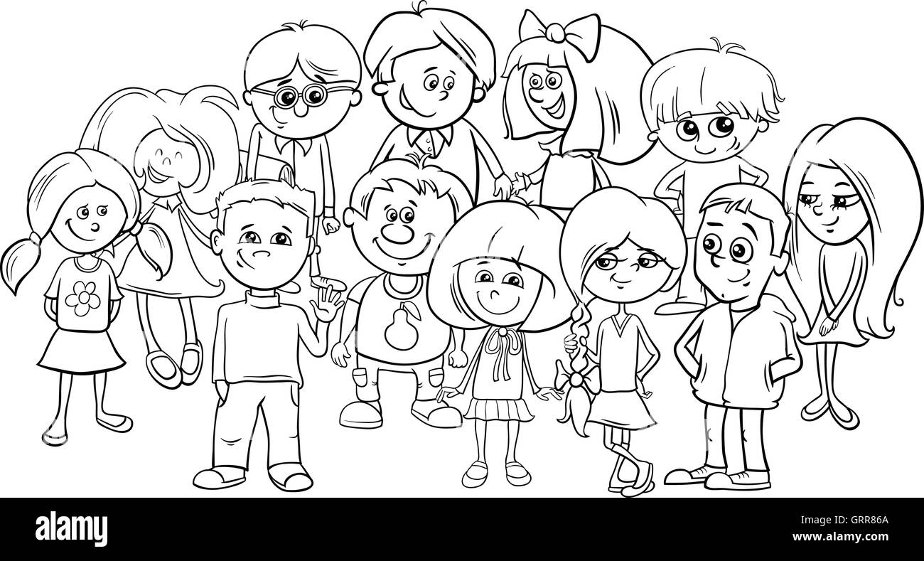 Illustration Cartoon noir et blanc d'enfants d'âge scolaire élémentaire Groupe Caractères Coloring Book Illustration de Vecteur
