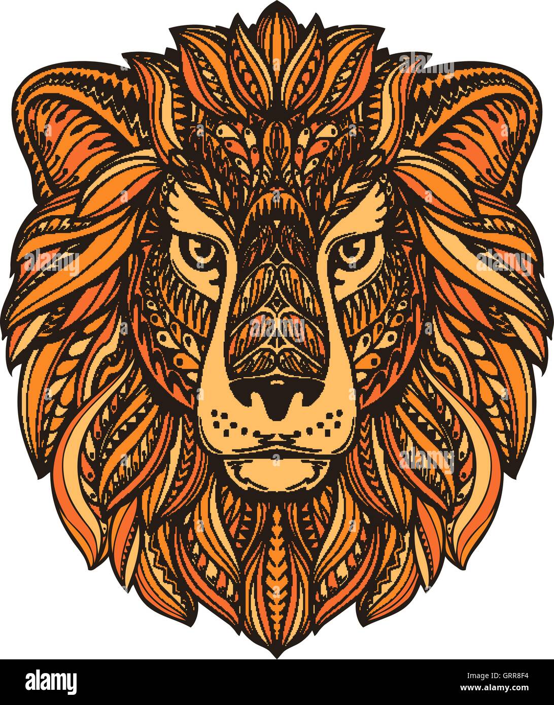 Lion tribal peint ornement ethniques. Hand drawn vector illustration avec éléments floraux Illustration de Vecteur