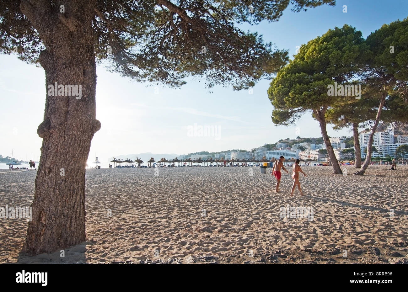 Personnes et des parasols de plage silhouettes sous le soleil d'après-midi d'été, le 3 septembre 2016 à Santa Ponsa, Mallorca, Espagne Banque D'Images