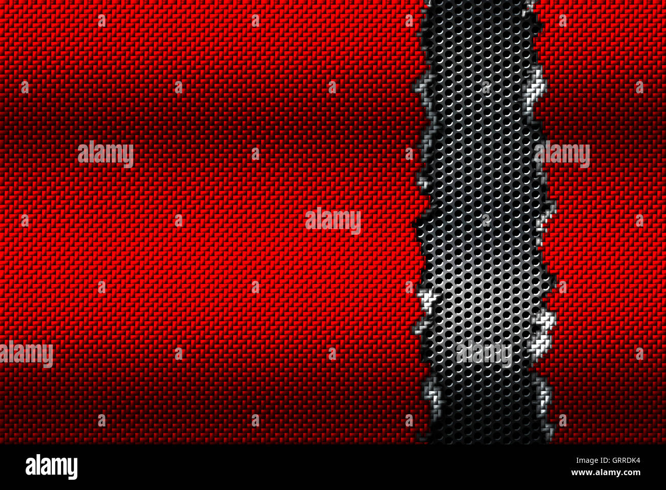 Le rouge et le blanc de la fibre de carbone la larme sur le grillage métallique noir. contexte et la texture. 3d illustration. Banque D'Images