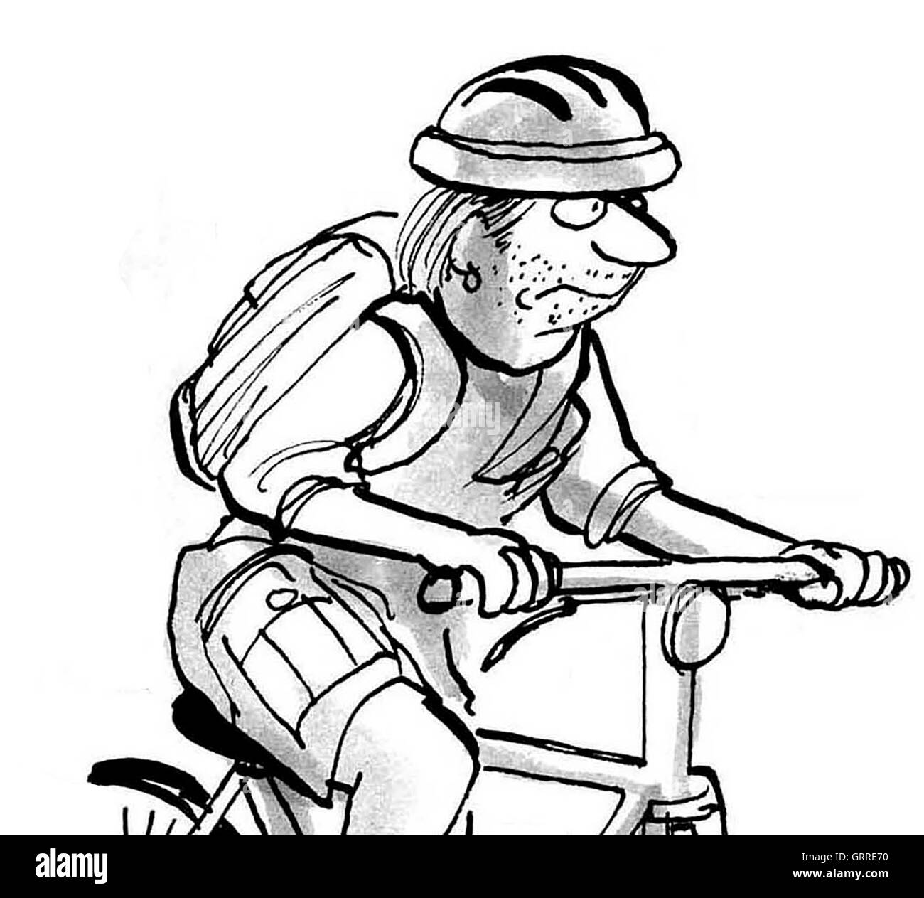 B&W illustration montrant un homme monté sur un vélo de montagne. Banque D'Images