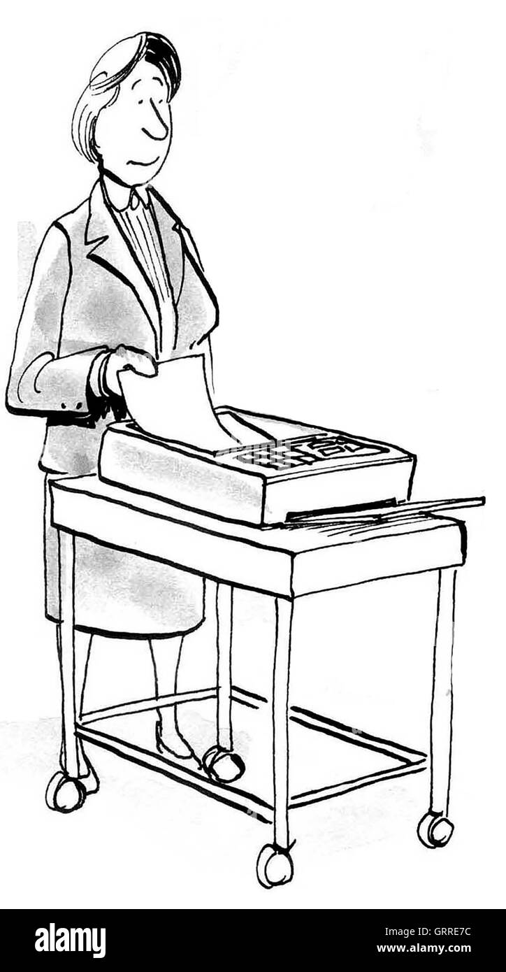 B&W business illustration montrant une femme d'envoi d'une télécopie. Banque D'Images