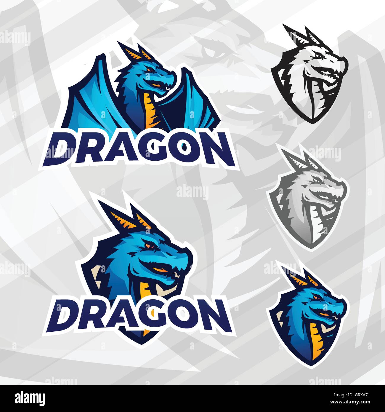 Logo dragon création modèle. Mascot Sport design. College league insignia, bête asiatique signe, Dragons, illustration de l'affiche de football. Illustration de Vecteur