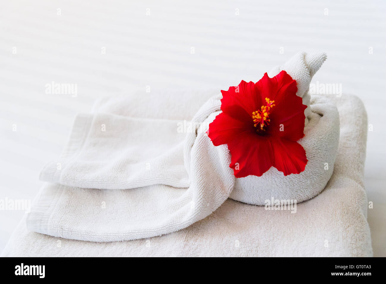 Serviette blanche avec une fleur sur fond blanc Banque D'Images