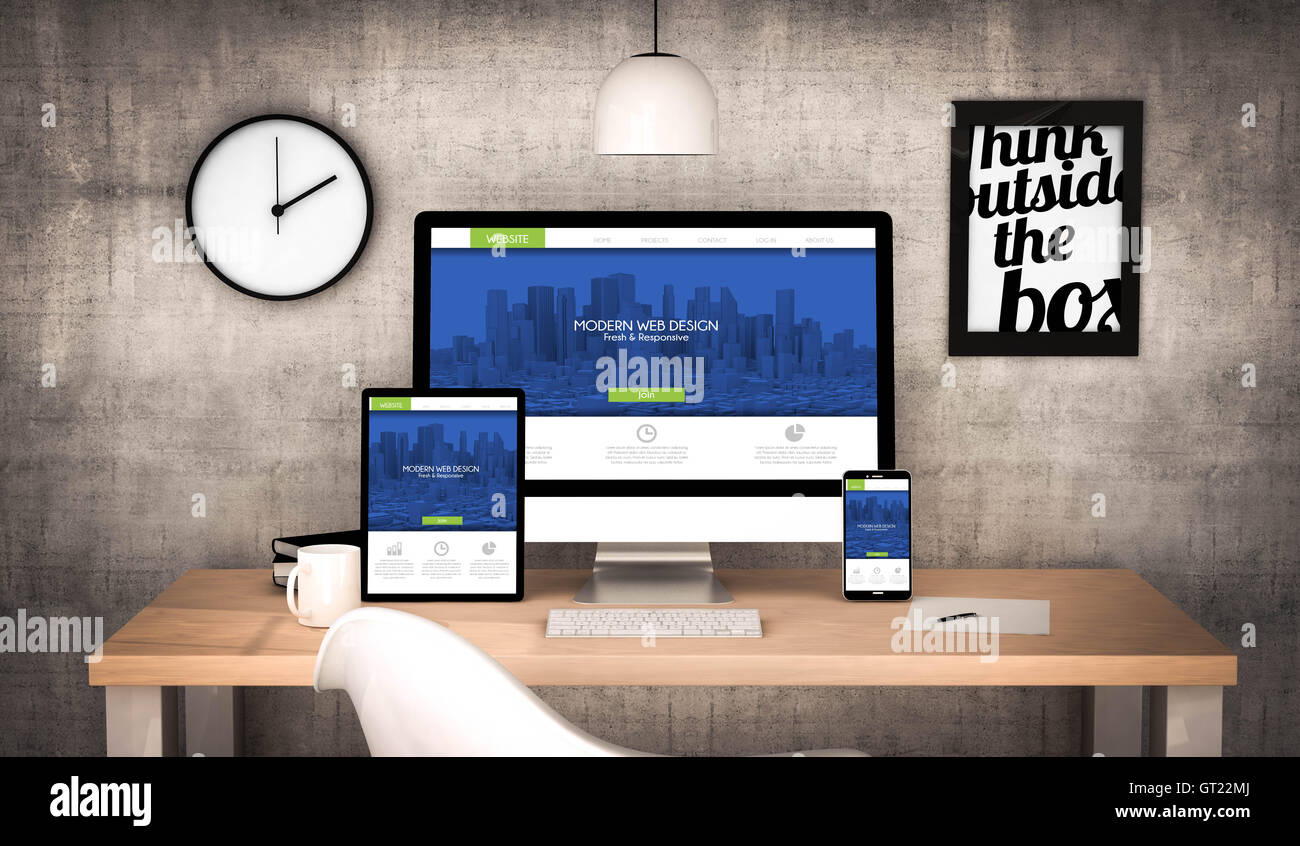 Travail de rendu 3d desktop with digital tablet, ordinateur, ordinateur portable et divers objets de bureau responsive design site sur sc Banque D'Images