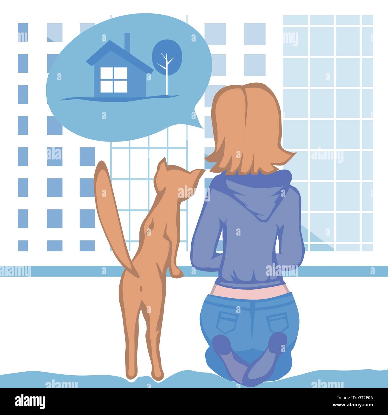 Jeune femme et d'un chat assis près de la fenêtre, regardez la mégalopole et le rêve d'une maison de pays Illustration de Vecteur