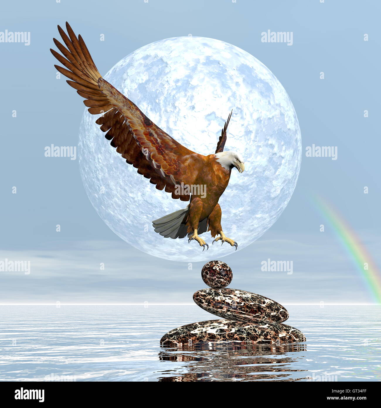 Eagle landing sur pierres équilibré par jour avec la pleine lune et de rendu 3D - arc-en-ciel Banque D'Images