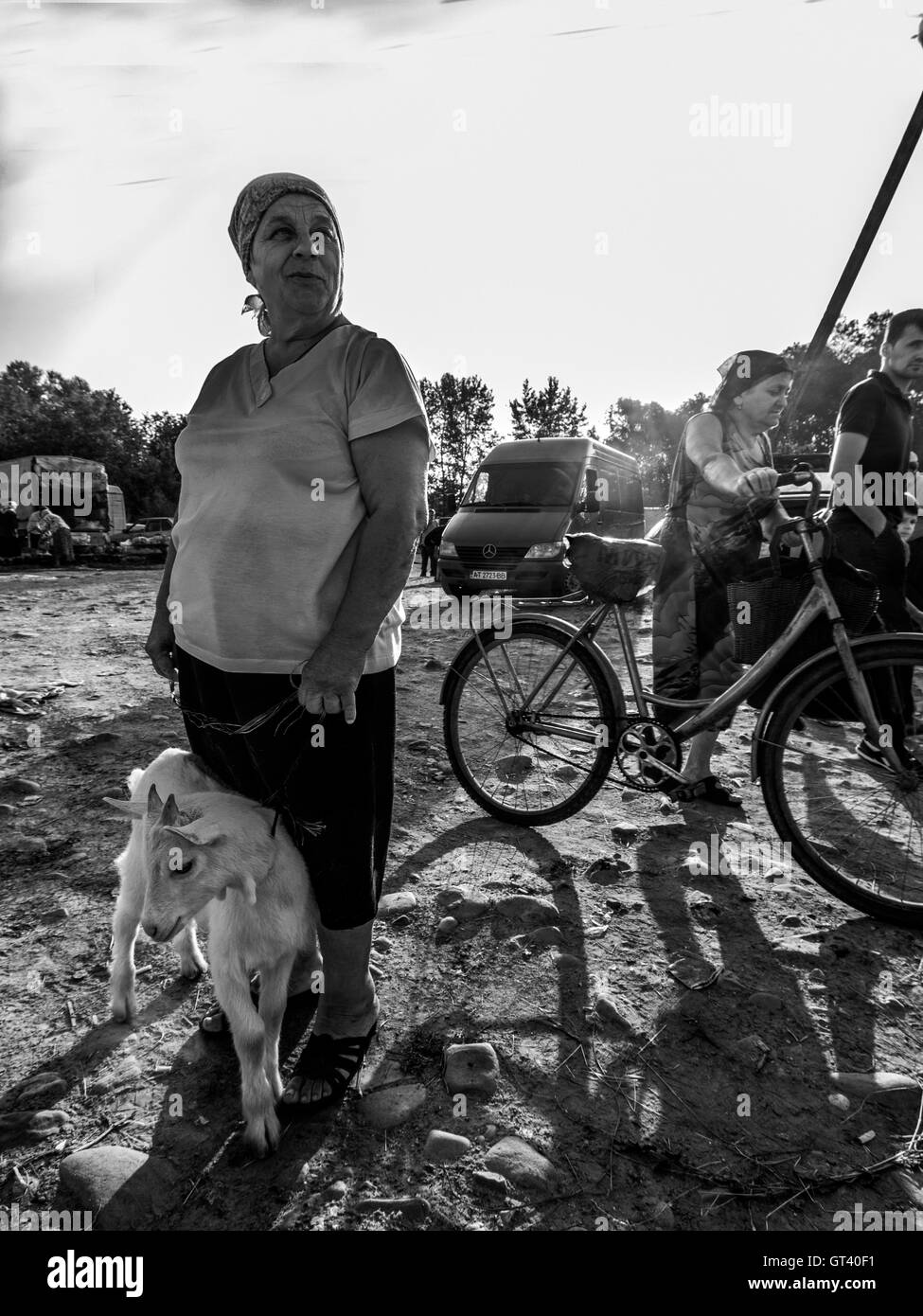 Femme vend bouc sur les animaux de marché dans la ville de Kosov, Ivano-Frankivsk, Ukraine Banque D'Images