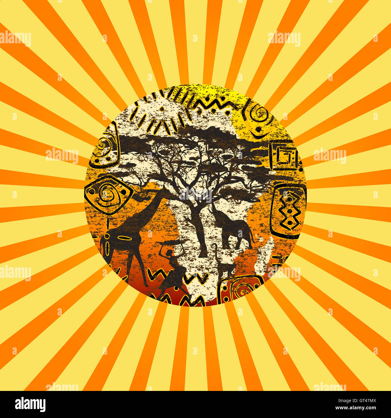 Sunburst avec symboles de l'Afrique de l'arrière-plan Banque D'Images