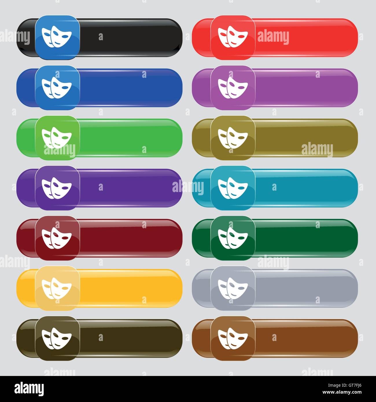L'icône de masque de signe. Set de 14 boutons en verre multicolore avec place pour le texte. Vector Illustration de Vecteur