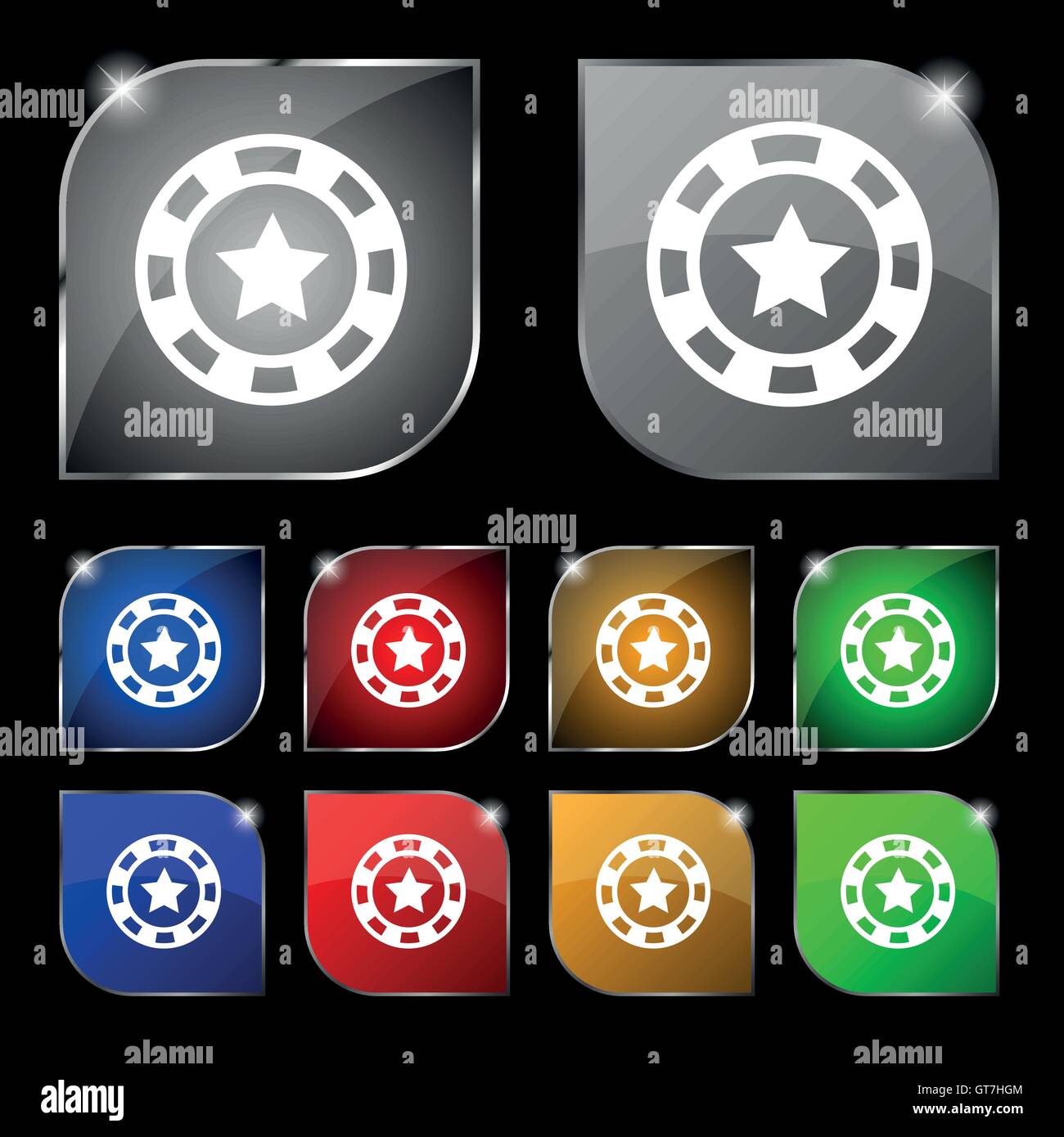 L'icône Casino signe. Ensemble de dix boutons colorés avec éblouissement. Inscrivez-vecteur. Ensemble de dix boutons colorés avec éblouissement. Vector Illustration de Vecteur