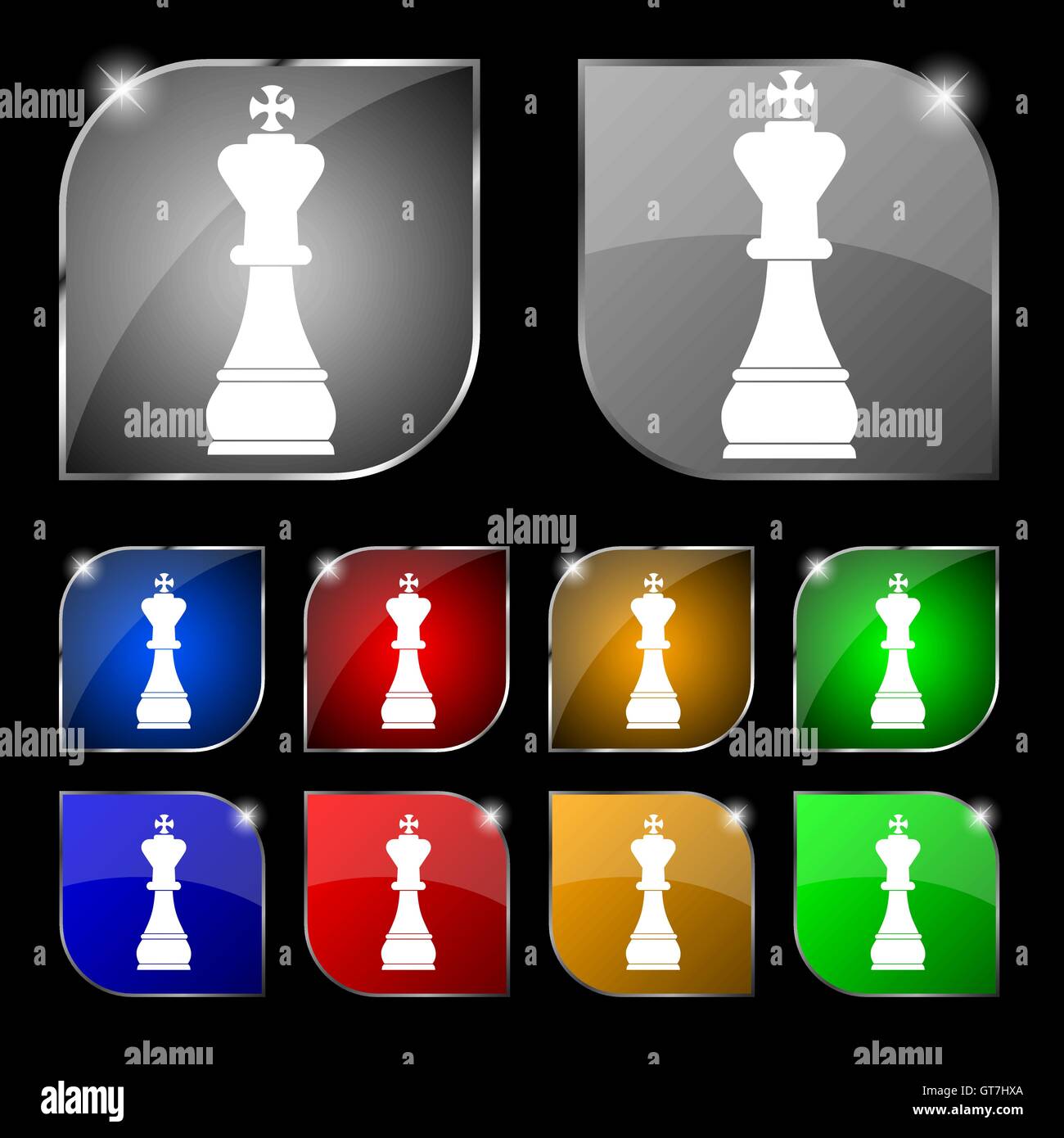 Chess King signe l'icône. Ensemble de dix boutons colorés avec éblouissement. Vector Illustration de Vecteur